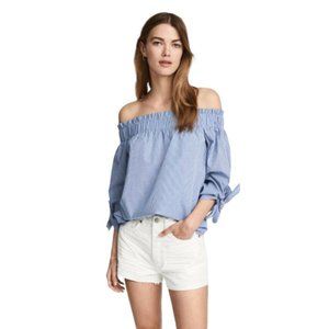 H&M Blue White Mini Gingham Off the Shoulders Peasant Top Size 4 Tie Sleeves